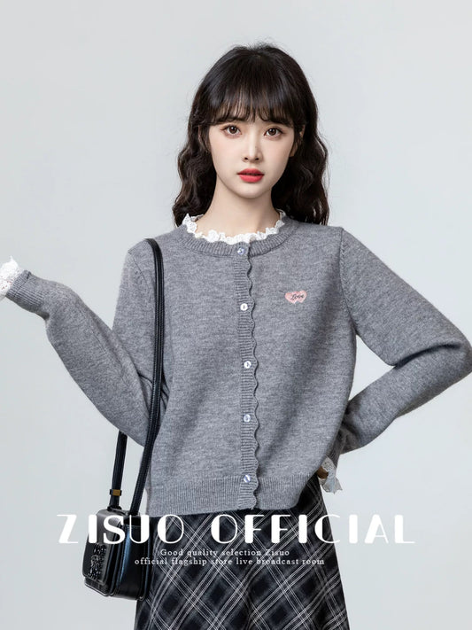 Grey faux two-piece knitted cardigan for women, autumn and winter 2026 new style, lace trim sweater jacket, short top