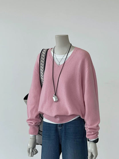 CHAO-level recommendation! Winter outfit ~ Korean pink soft and glutinous drop shoulder sleeve design lazy and loose knit sweater