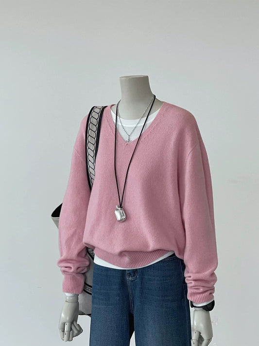 CHAO-level recommendation! Winter outfit ~ Korean pink soft and glutinous drop shoulder sleeve design lazy and loose knit sweater