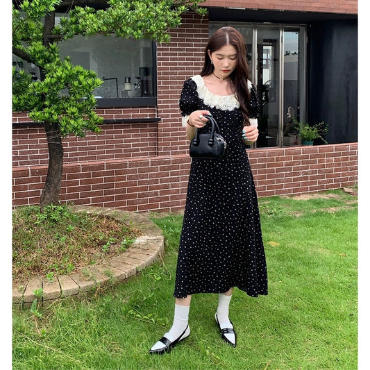 French lace stitching floral puff sleeve dress women's 2023 summer new style high-end waist slimming long skirt