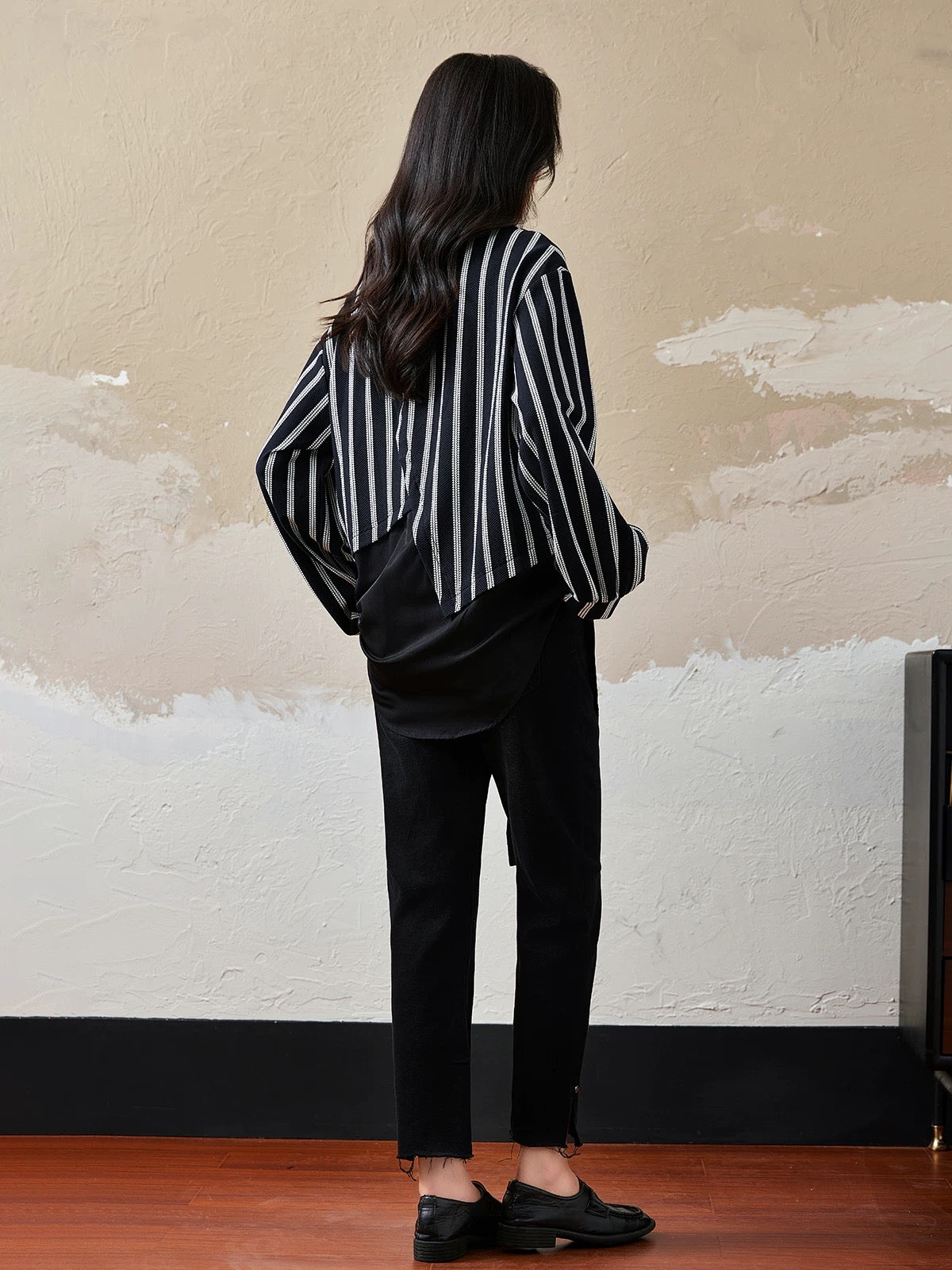 Yipinle fake two-piece striped patchwork sweatshirt for women spring and autumn 2024 new European style loose large size casual top