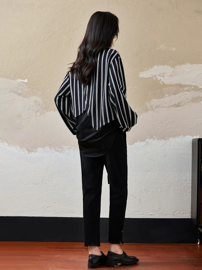 Yipinle fake two-piece striped patchwork sweatshirt for women spring and autumn 2024 new European style loose large size casual top