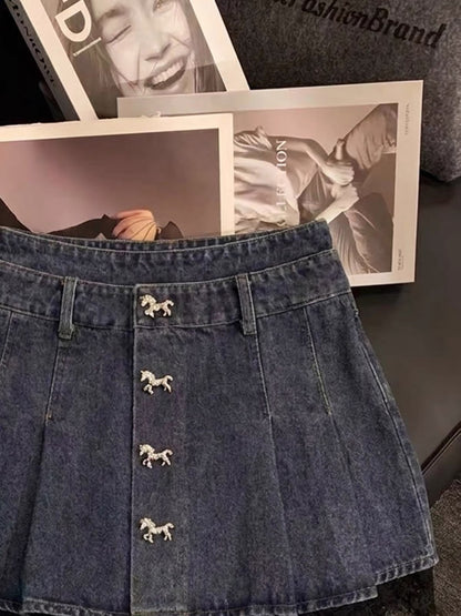 ZHOUYI High-Waisted Pleated Denim Mini Skirt with Premium Metal Buckle and Lace Panelling (Slimming Fit)