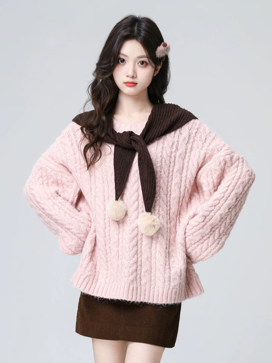 Pink shawl cable knit sweater for women, autumn and winter 2026 new style, soft and loose round neck thick knit top