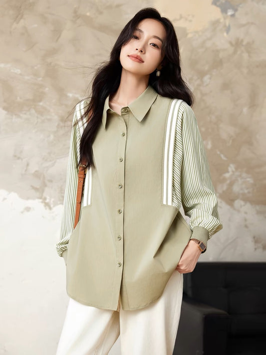 Yipinle Slightly Fat Large Size Women's Casual Contrast Color Striped Splicing Shirt Women's Early Autumn 2024 New Loose Top