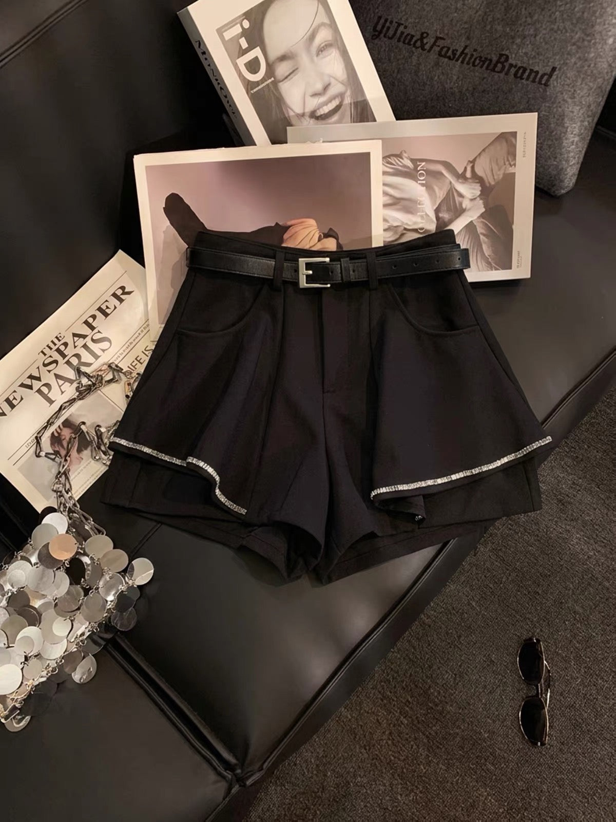 ZHOUYI High-End Rhinestone-Embellished Hem A-Line Shorts – High-Waisted, Belted, Slimming & Versatile