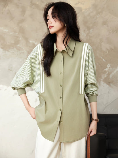 Yipinle Slightly Fat Large Size Women's Casual Contrast Color Striped Splicing Shirt Women's Early Autumn 2024 New Loose Top