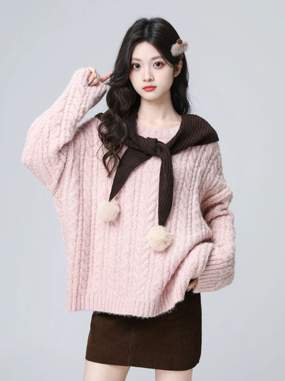 Pink shawl cable knit sweater for women, autumn and winter 2026 new style, soft and loose round neck thick knit top