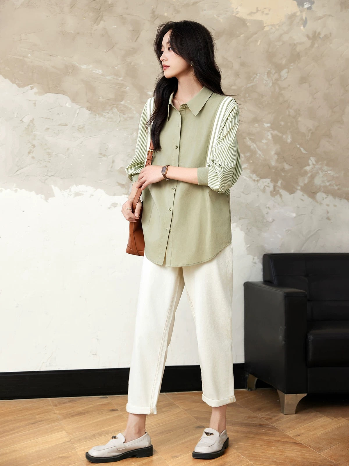 Yipinle Slightly Fat Large Size Women's Casual Contrast Color Striped Splicing Shirt Women's Early Autumn 2024 New Loose Top