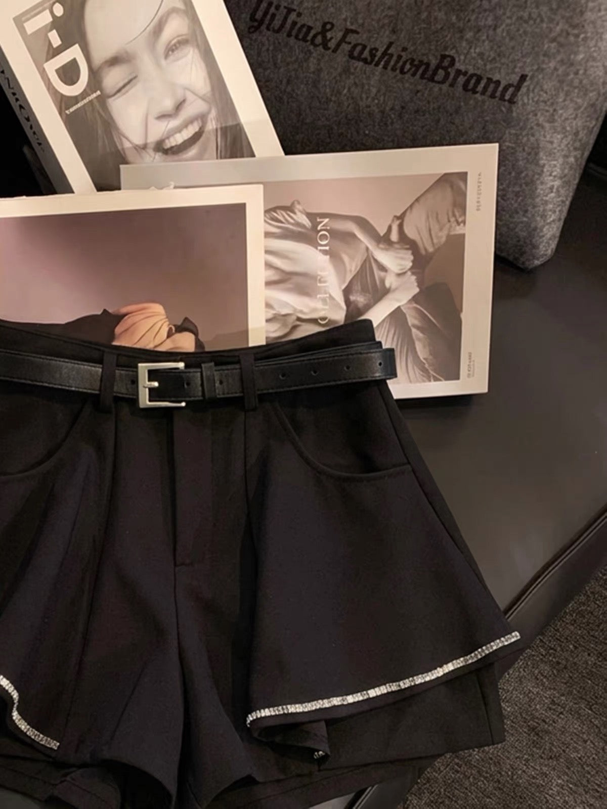 ZHOUYI High-End Rhinestone-Embellished Hem A-Line Shorts – High-Waisted, Belted, Slimming & Versatile