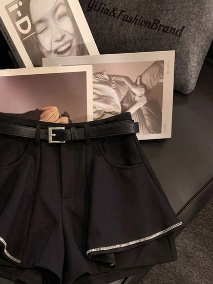 ZHOUYI High-End Rhinestone-Embellished Hem A-Line Shorts – High-Waisted, Belted, Slimming & Versatile