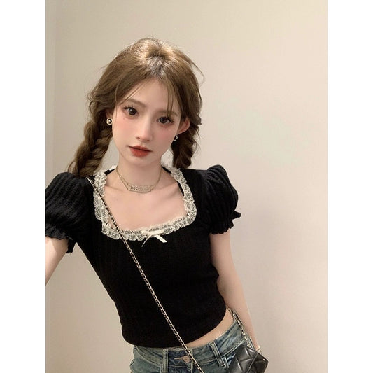 French retro gentle style square collar bow short T-shirt for women summer new slim fit puff sleeve top