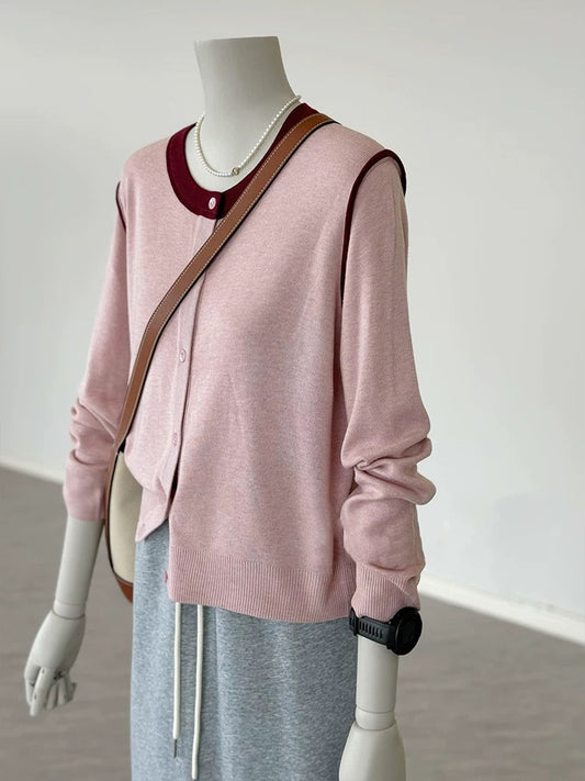 CHAO-level recommendation! Really eye-catching ~ Korean style collar and shoulder contrast design soft and glutinous knitted cardigan sweater