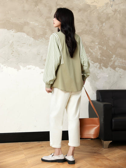 Yipinle Slightly Fat Large Size Women's Casual Contrast Color Striped Splicing Shirt Women's Early Autumn 2024 New Loose Top