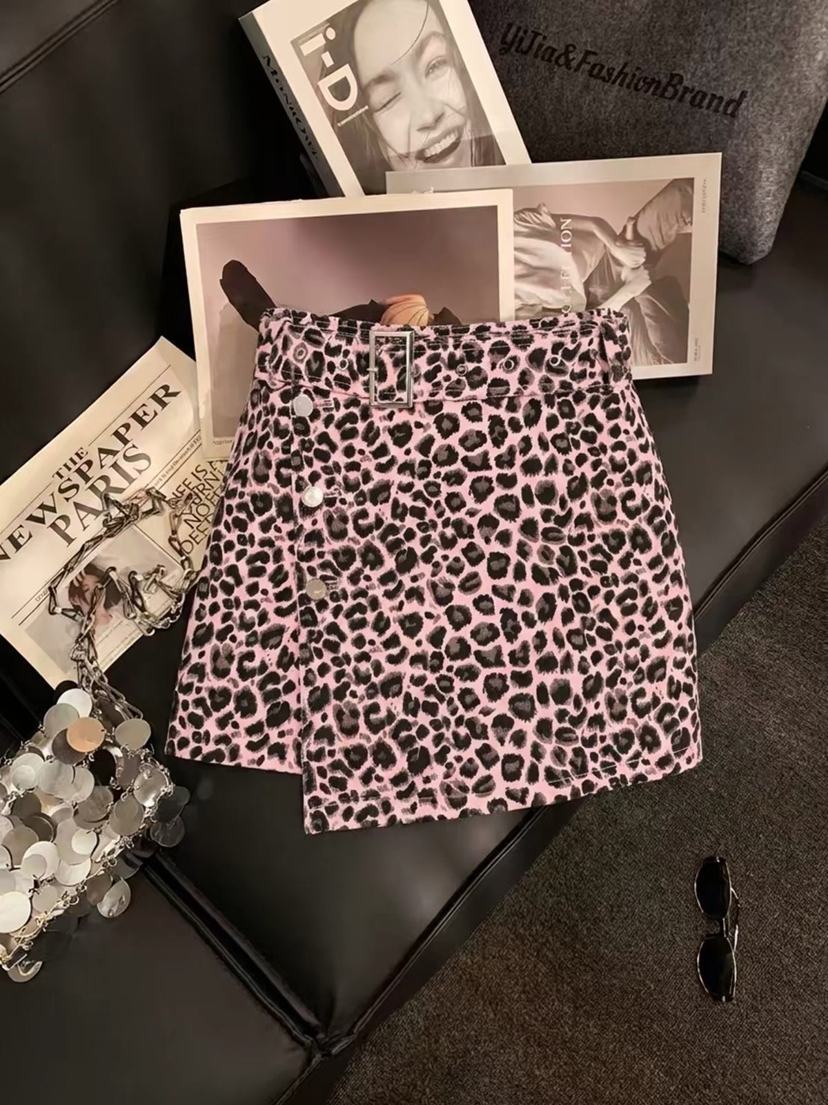 ZHOUYI Sophisticated Pink Leopard Print A-Line Skirt – Features a Belt, Button-Front Detail, and Asymmetrical Hem for a Trendy, Edgy Look