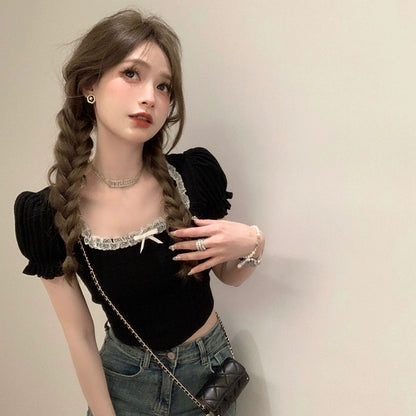 French retro gentle style square collar bow short T-shirt for women summer new slim fit puff sleeve top