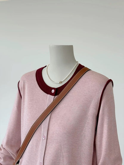 CHAO-level recommendation! Really eye-catching ~ Korean style collar and shoulder contrast design soft and glutinous knitted cardigan sweater
