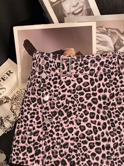 ZHOUYI Sophisticated Pink Leopard Print A-Line Skirt – Features a Belt, Button-Front Detail, and Asymmetrical Hem for a Trendy, Edgy Look