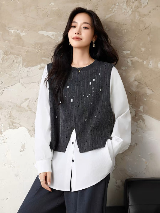 Yipinle slightly fat plus size women's heavy industry hot diamond vest splicing white shirt women's early autumn new fake two-piece top