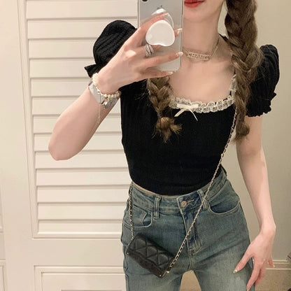 French retro gentle style square collar bow short T-shirt for women summer new slim fit puff sleeve top