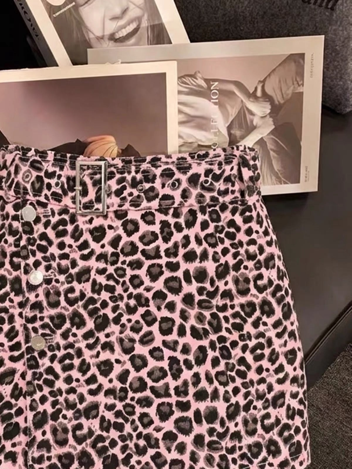 ZHOUYI Sophisticated Pink Leopard Print A-Line Skirt – Features a Belt, Button-Front Detail, and Asymmetrical Hem for a Trendy, Edgy Look