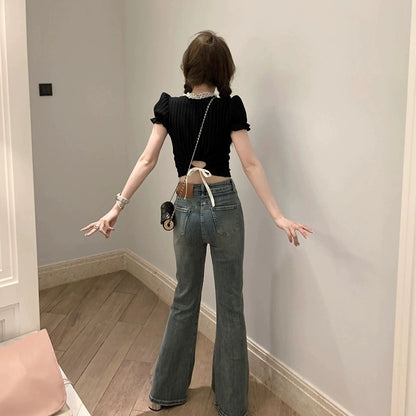 French retro gentle style square collar bow short T-shirt for women summer new slim fit puff sleeve top