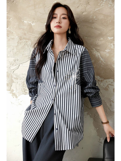 Yipinle slightly fat plus size women's casual sequin striped splicing shirt women's early autumn new long-sleeved loose top