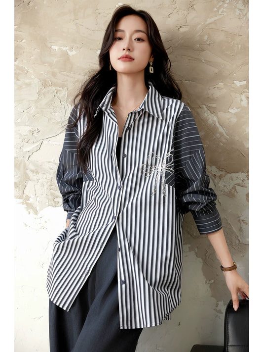 Yipinle slightly fat plus size women's casual sequin striped splicing shirt women's early autumn new long-sleeved loose top