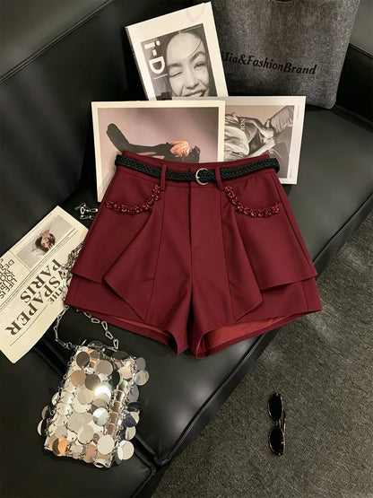 ZHOUYI High-waisted A-line wide-leg pants featuring a sophisticated red studded belt, a slimming "faux-layered" design, and anti-exposure construction.