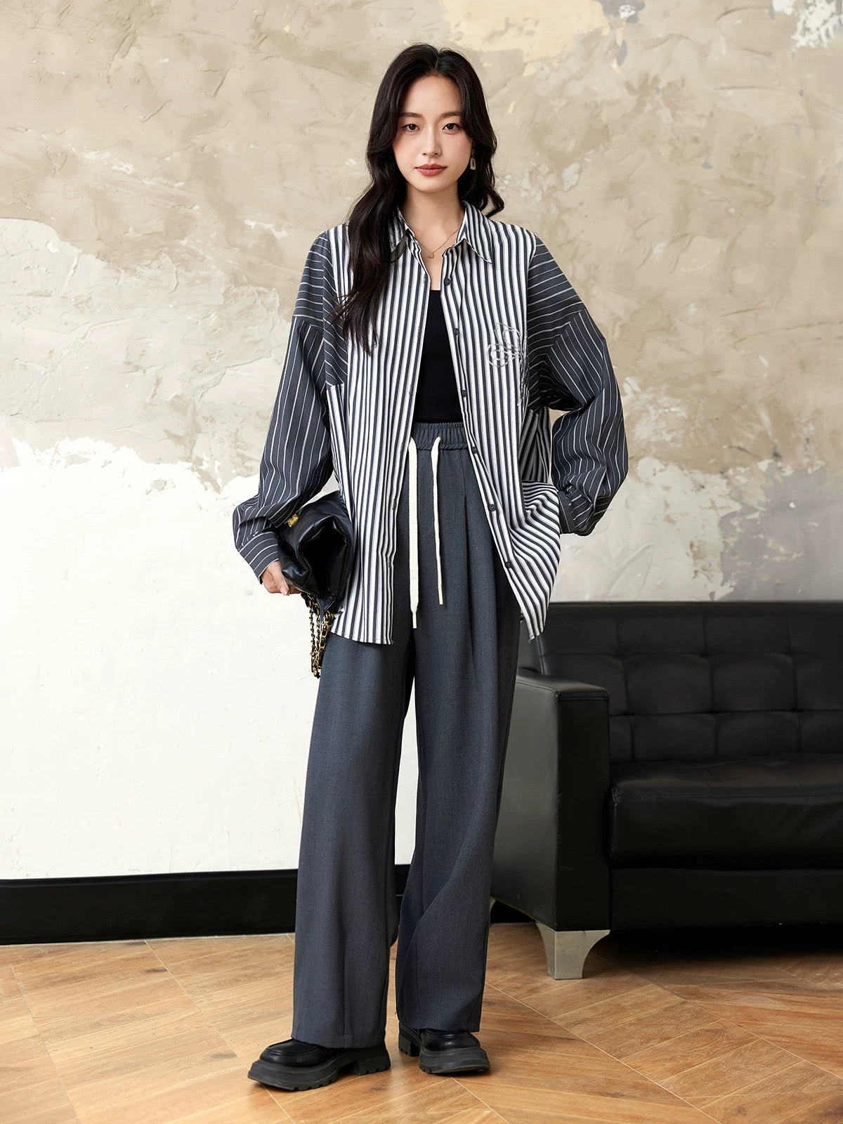 Yipinle slightly fat plus size women's casual sequin striped splicing shirt women's early autumn new long-sleeved loose top