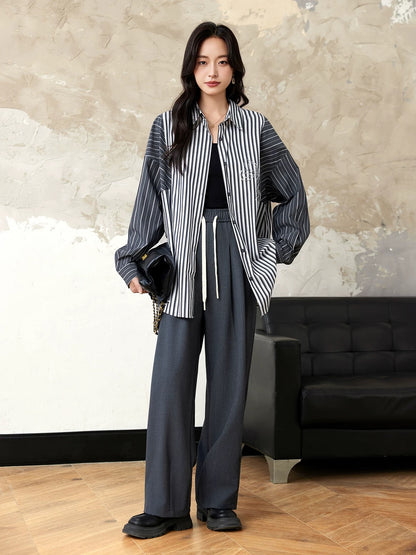 Yipinle slightly fat plus size women's casual sequin striped splicing shirt women's early autumn new long-sleeved loose top