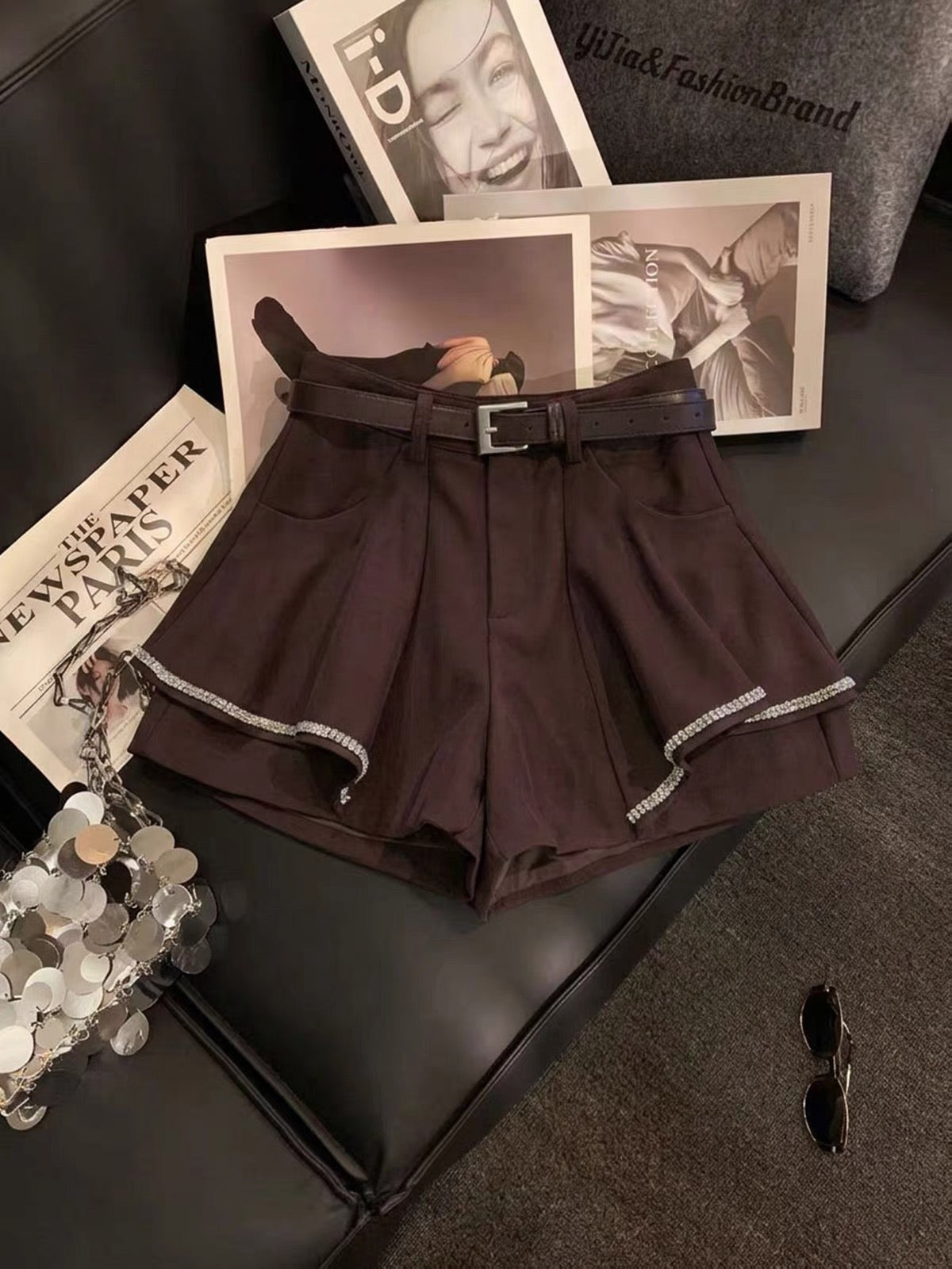 ZHOUYI High-Waisted A-Line Wide-Leg Culottes – Rhinestone-Trimmed, Belted, Slimming & Sophisticated Style