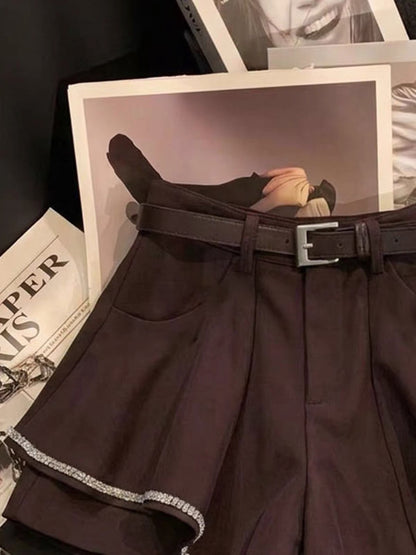 ZHOUYI High-Waisted A-Line Wide-Leg Culottes – Rhinestone-Trimmed, Belted, Slimming & Sophisticated Style
