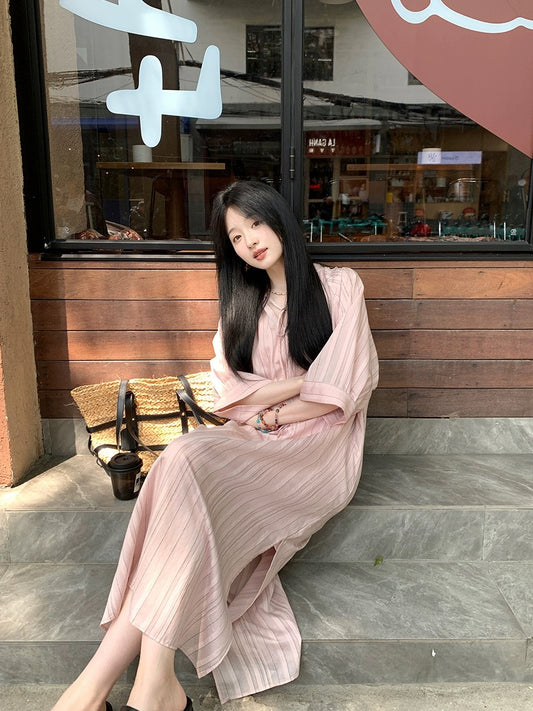 Xia Shiwen Heartbeat Texture Vertical Stripe Dress Women's Summer V-neck Lace-Up Loose Lazy Long Dress