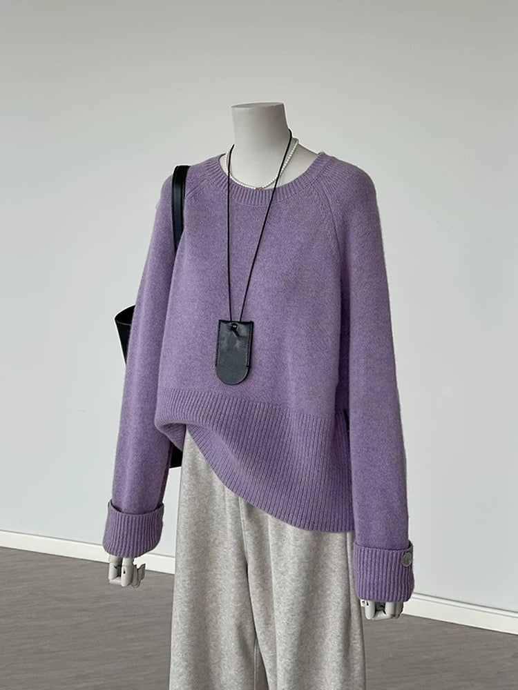 CHAO-level recommendation! Full of lazy feeling ~ Purple glutinous wool knit sweater for women with rolled sleeve design