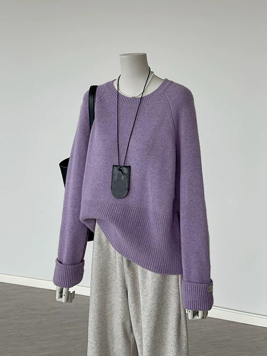 CHAO-level recommendation! Full of lazy feeling ~ Purple glutinous wool knit sweater for women with rolled sleeve design