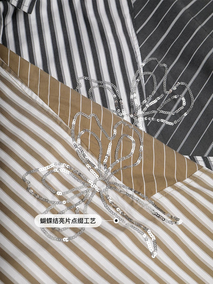 Yipinle slightly fat plus size women's casual sequin striped splicing shirt women's early autumn new long-sleeved loose top