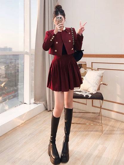 Thousand Gold Suit Autumn and Winter 2024 New Women's Two-piece Set Small Age-Reducing Fashion Jacket Short Skirt Red Suit