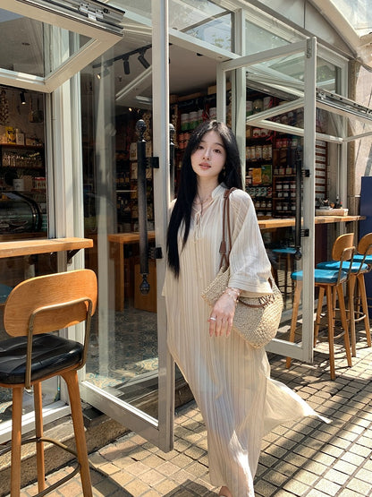 Xia Shiwen Heartbeat Texture Vertical Stripe Dress Women's Summer V-neck Lace-Up Loose Lazy Long Dress