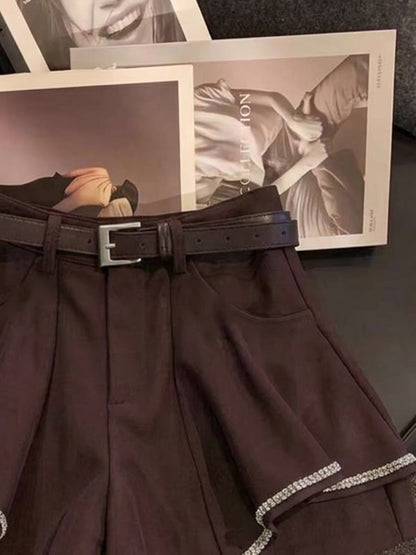 ZHOUYI High-Waisted A-Line Wide-Leg Culottes – Rhinestone-Trimmed, Belted, Slimming & Sophisticated Style