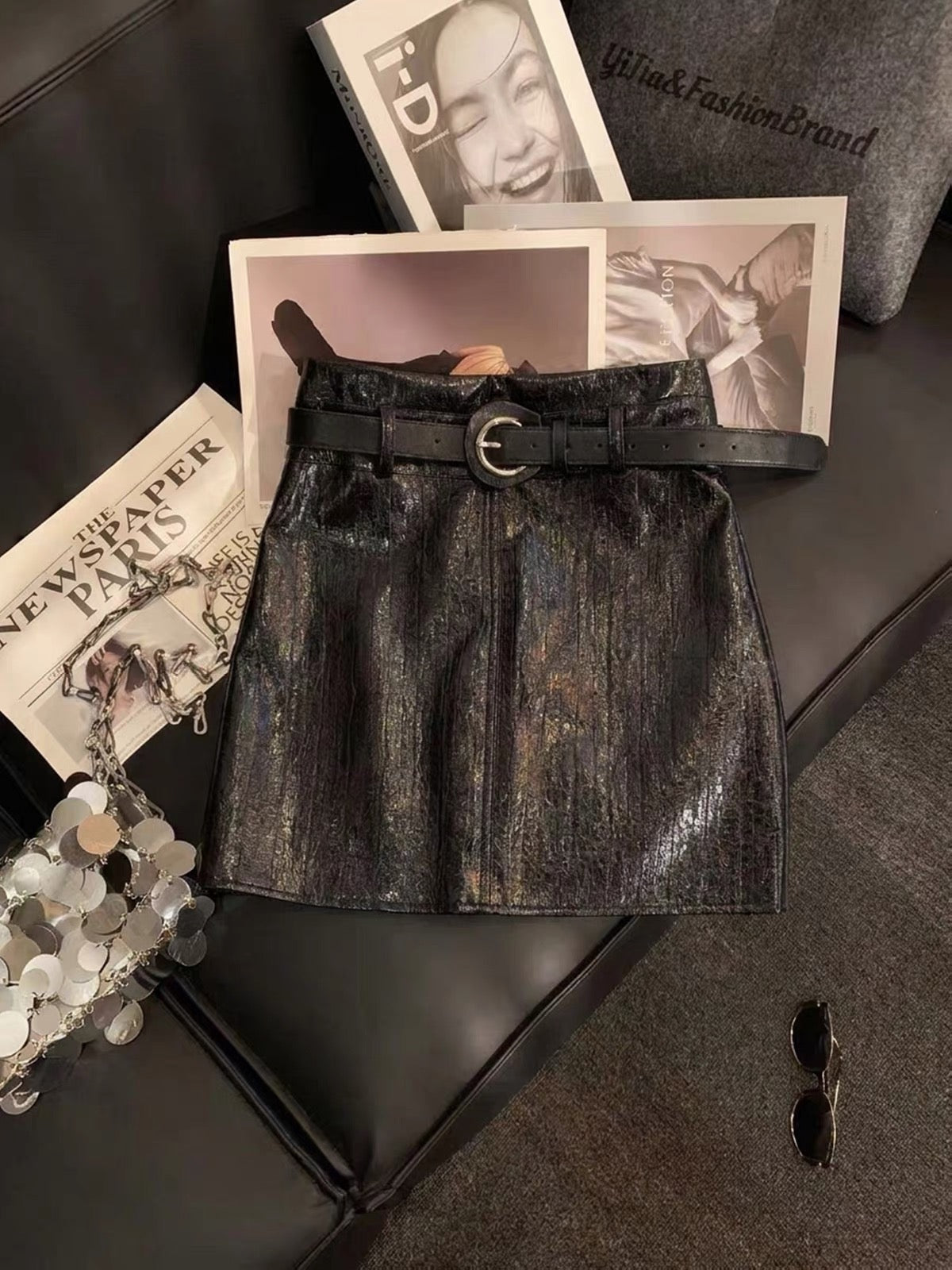 ZHOUYI High-Waisted A-Line PU Leather Skirt with Belt – Vintage-Style Cracked Leather Finish, Anti-Exposure Design