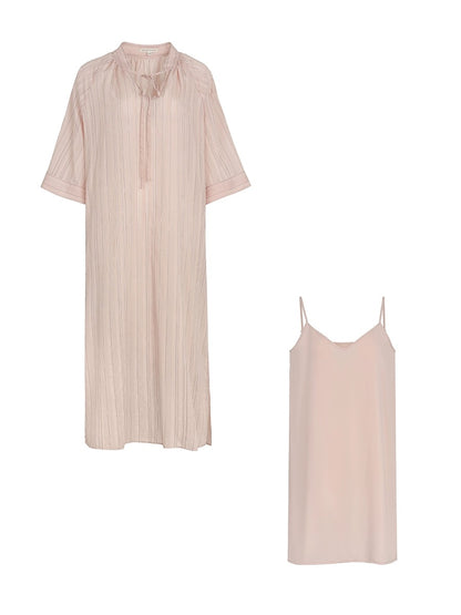 Xia Shiwen Heartbeat Texture Vertical Stripe Dress Women's Summer V-neck Lace-Up Loose Lazy Long Dress