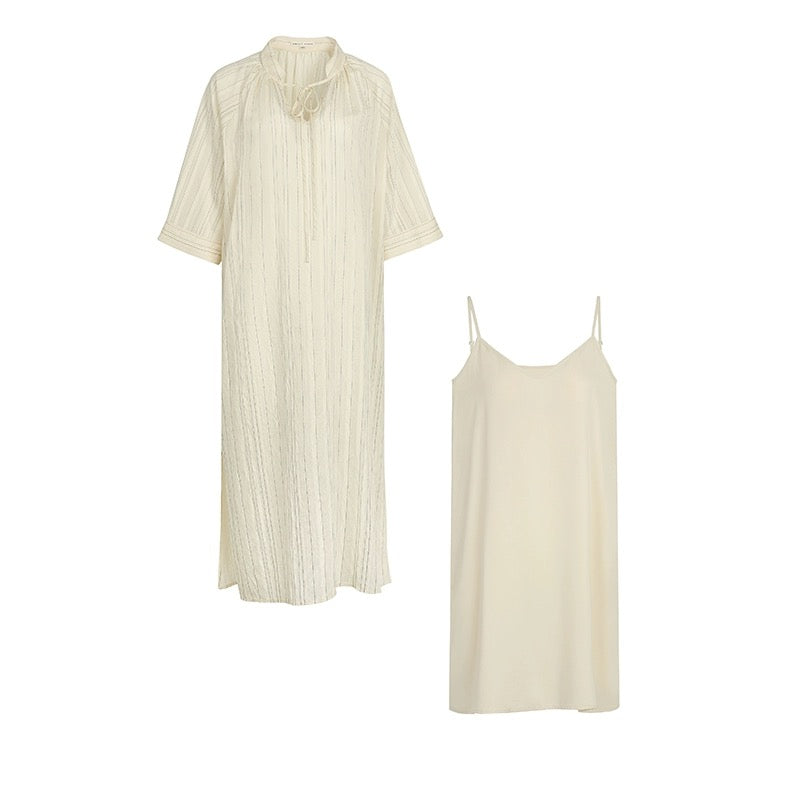 Xia Shiwen Heartbeat Texture Vertical Stripe Dress Women's Summer V-neck Lace-Up Loose Lazy Long Dress
