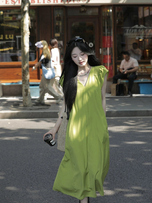 Xia Shiwen Lianlian Tea Garden V-neck loose dress women's summer simple and elegant gentle and chic white skirt