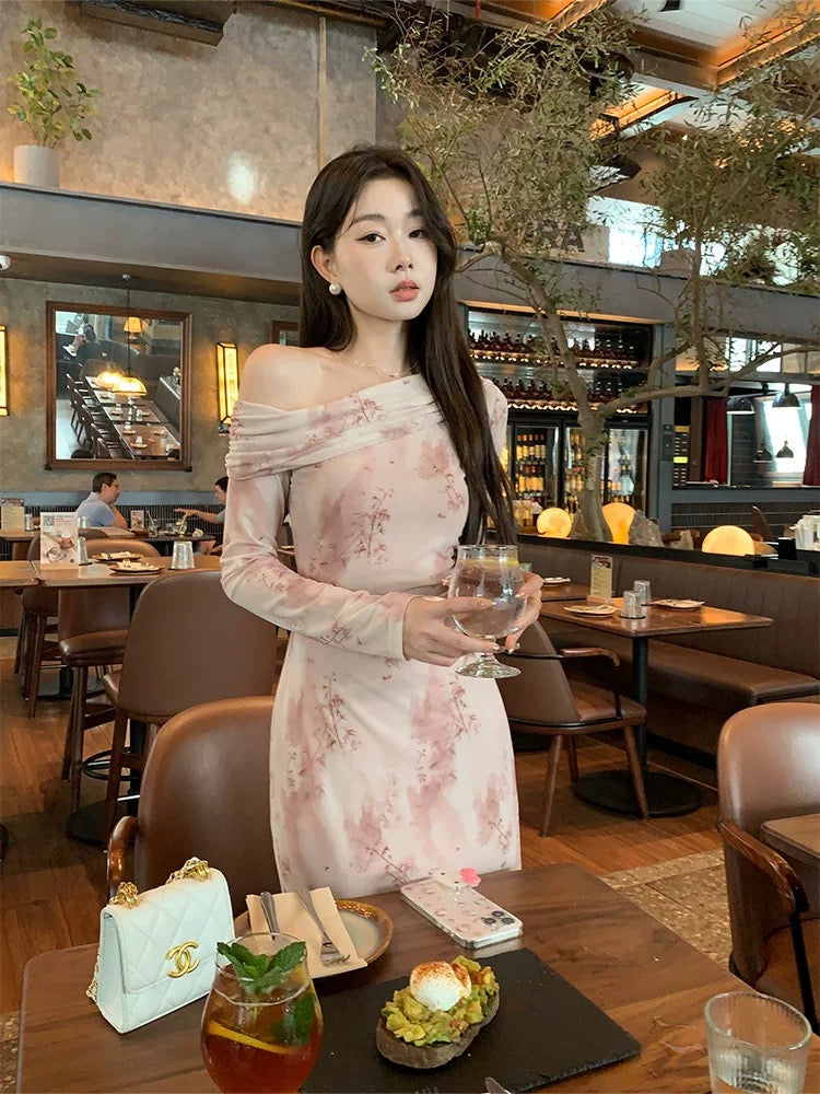 New Chinese style national style EIA Yiyao [Pink Mist Aesthetics] French Floral Dress Women's Autumn Slim Off-Shoulder Long Dress
