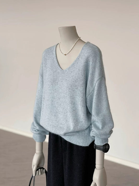 Recommended by CHAO! Winter Outfit: Korean-Style Blue V-Neck Soft Mohair Knitted Sweater