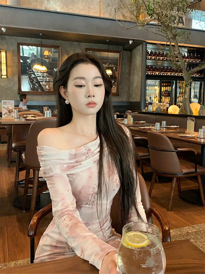 New Chinese style national style EIA Yiyao [Pink Mist Aesthetics] French Floral Dress Women's Autumn Slim Off-Shoulder Long Dress