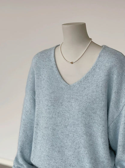 Recommended by CHAO! Winter Outfit: Korean-Style Blue V-Neck Soft Mohair Knitted Sweater
