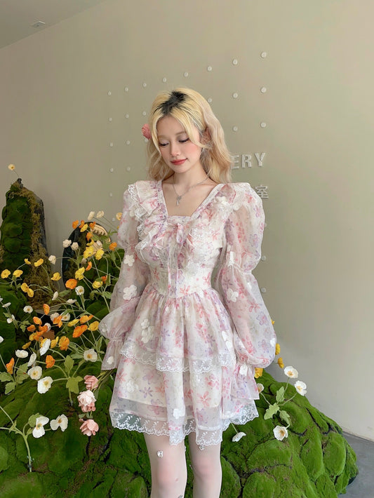 Pink narcissus, sweet and romantic princess style lace ruffle slimming waist fairy skirt dress for women