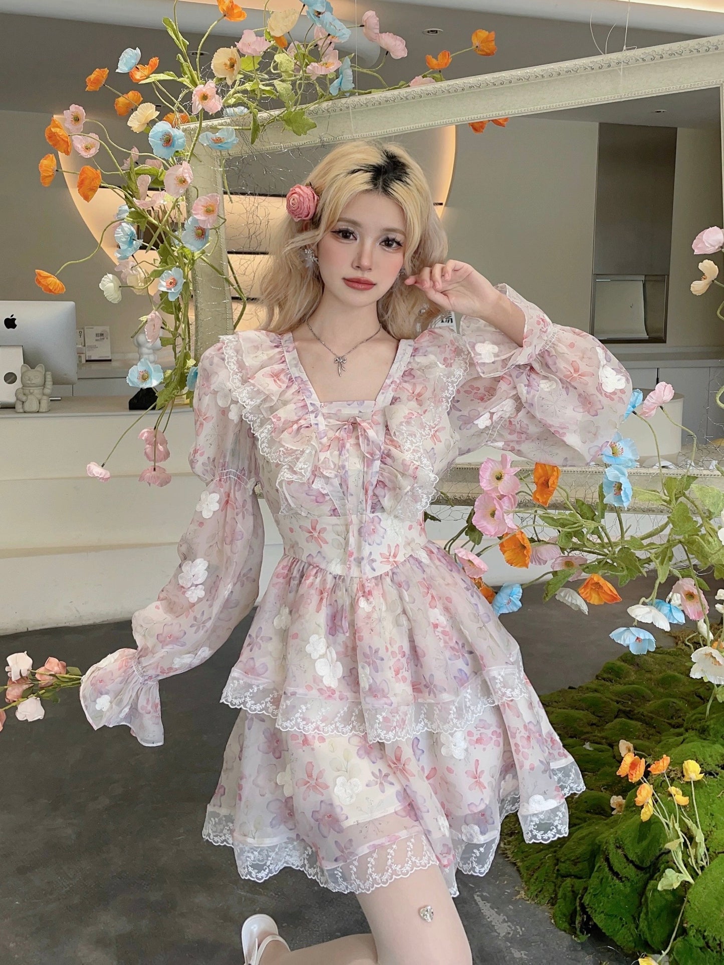 Pink narcissus, sweet and romantic princess style lace ruffle slimming waist fairy skirt dress for women